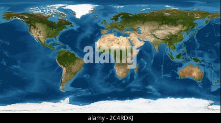 Vista piana dal suolo dallo spazio. Mappa fisica dettagliata del mondo su foto satellitare globale. Elementi di questa immagine forniti dalla NASA. Foto Stock
