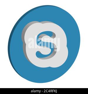 VORONEZH, RUSSIA - 21 NOVEMBRE 2019: Icona rotonda isometrica del logo Skype di colore azzurro Illustrazione Vettoriale