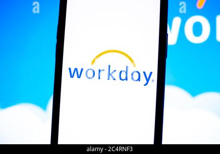 Logo Workday sullo schermo dello smartphone. Foto Stock