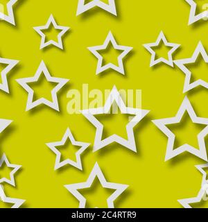Astratto motivo senza giunture di stelle bianche disposte casualmente con ombre morbide su sfondo giallo Illustrazione Vettoriale