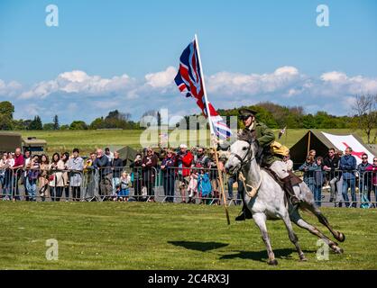 Les Amis D'Onno squadra di stunt equestre con soldato a cavallo che porta grande bandiera Union Jack, evento bellico, East Fortune, East Lothian, Scozia Foto Stock