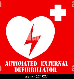 Segnale defibrillatore semiautomatico esterno o semiautomatico con simbolo del cuore e dell'elettricità, rappresentazione 3D Foto Stock