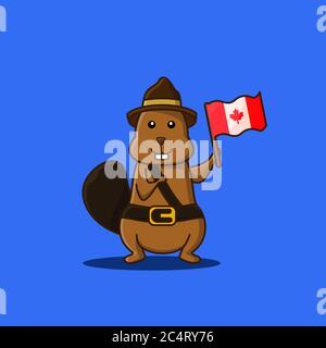 castoro personaggio che tiene bandiera del canada, mascotte indipendenza giorno canada Illustrazione Vettoriale