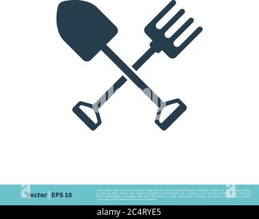 Disegno di illustrazione di modello di logo vettoriale di Shovel e Rake Icon. EPS vettoriale 10. Illustrazione Vettoriale