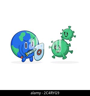 carino vettore di carattere terra lotta con virus Illustrazione Vettoriale
