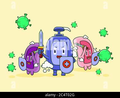 cute carattere liquido e sapone bar guerra con virus corona Illustrazione Vettoriale