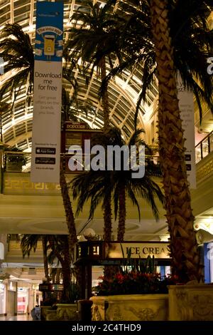 Trafford Centre, Manchester, Inghilterra, Regno Unito. Architettura, palme, statua, fontana Foto Stock