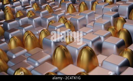 Rendering 3D di piastrelle cubiche ed ovali in argento e oro di lunghezze diverse Foto Stock