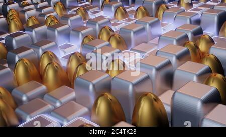 Rendering 3D di piastrelle cubiche ed ovali in argento e oro di lunghezze diverse Foto Stock