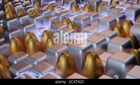 Rendering 3D di piastrelle cubiche ed ovali in argento e oro di lunghezze diverse Foto Stock