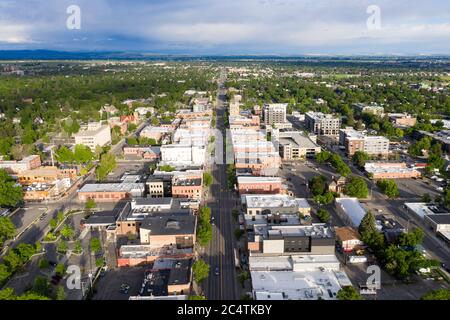 Vista aerea del pittoresco centro di Bozeman, Montana Foto Stock