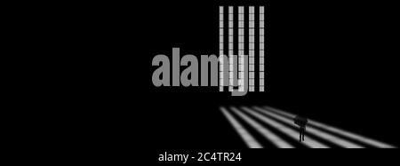 Immagine concettuale monocromatica di un uomo che cammina alla luce di una grande finestra gigante. Foto Stock