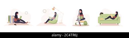 Amanti dei libri. Le donne arabe che leggono libri. Preparazione all'esame o alla certificazione. Concetto di biblioteca di conoscenza e di formazione, letteratura Illustrazione Vettoriale