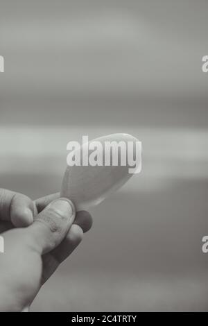 Immagine verticale in scala di grigi di un maschio che tiene una shell con il mare sullo sfondo Foto Stock