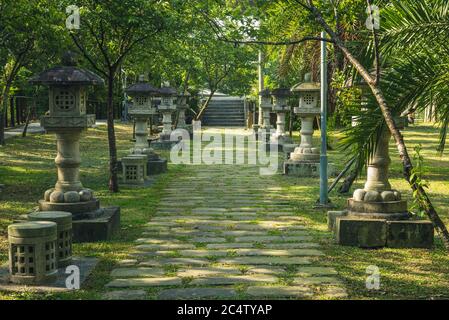 Lanterne di pietra (toro), resti del santuario di daxi a Taoyuan, Taiwan Foto Stock