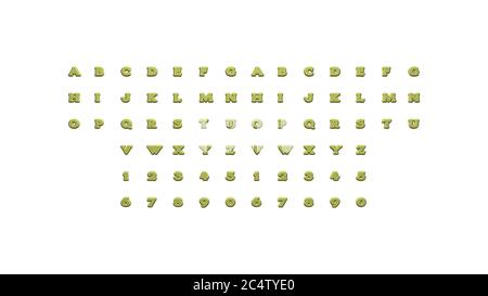 Illustrazione 3D di lettere individuali su una parete di sfondo bianco con font calligrafico e colori brillanti Foto Stock