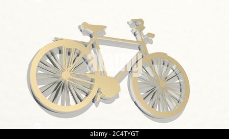 bicicletta realizzata con illustrazione 3D di una scultura metallica lucida su una parete con sfondo chiaro. Bicicletta e città Foto Stock