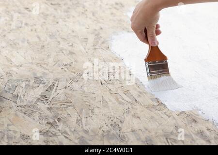 primo piano della spazzola con vernice bianca sulla superficie di legno. Foto Stock