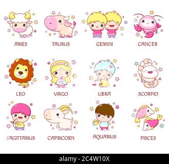 Set di caratteri zodiacali in stile kawaii. Cute bambino e animale chibi. Acquario, pesci, ariete, leone, gemelli, toro, scorpione, sagittario, Bilancia, Illustrazione Vettoriale