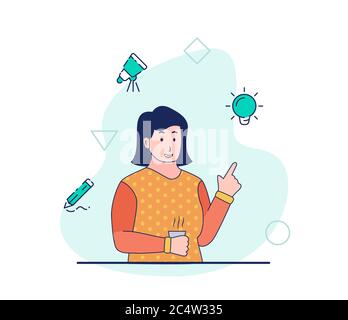 Designer creativo donna lavoro Get idea innovazione brainstorming ricerca sviluppo schizzo disegno disegno disegno disegno in processo creativo con moderno cartone animato piano Foto Stock
