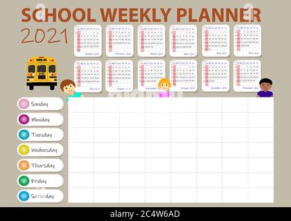 Calendario scolastico di 2021 anni e pianificatore settimanale vuoto con scuolabus e alunni di diverse razze Illustrazione Vettoriale