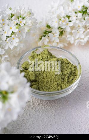 Polvere verde di tè cinese matcha su sfondo bianco chiaro. Posizione verticale Foto Stock