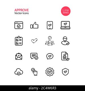 Approva set di icone di linea. Stoke modificabile. Spunta, lista di controllo, pollice su, puntamento, controllo di qualità, certificato. Vettore su sfondo bianco isolato. EPS 10 Illustrazione Vettoriale