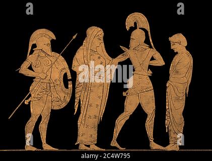 Menelaus affascinato dalla bellezza di Helen, guerra di Troia, krater Attico a figura rossa, mitologia greca Foto Stock