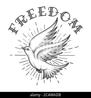 Volare dove nel cielo con scritta a mano Freedom Tattoo. Illustrazione vettoriale. Illustrazione Vettoriale