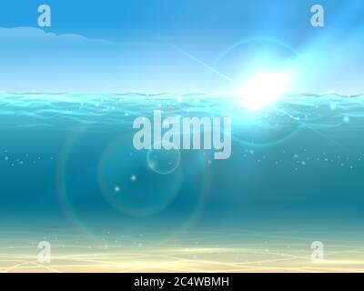 Sfondo subacqueo realistico. Oceano acqua profonda, mare sotto il livello dell'acqua, raggi di sole orizzonte delle onde blu. Illustrazione vettoriale. Illustrazione Vettoriale
