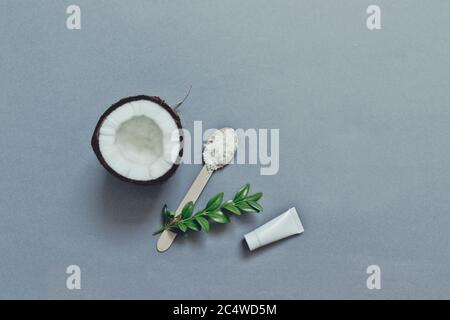 Cosmetici biologici fatti a mano con cocco su sfondo grigio dall'alto. Foto Stock
