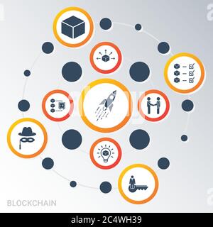 Modello infografico vettoriale visualizzazione dei dati Blockchain. Colori diversi. Può essere utilizzato per diagrammi di processo, presentazioni, flussi di lavoro, banner con Illustrazione Vettoriale