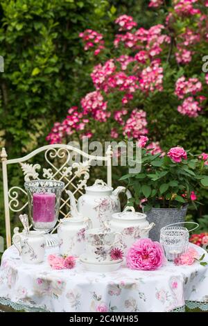 giardino scena in estate con rose e porcellana d'epoca Foto Stock