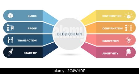 Modello infografico vettoriale modello Blockchain. Può essere utilizzato per diagrammi di processo, presentazioni, flussi di lavoro, banner con icone blockchain. Illustrazione Vettoriale