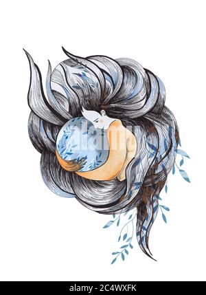 Ragazza con i capelli lineali abbracciò la terra blu del pianeta su uno sfondo bianco isolato:ink,disegno a mano:cartolina:può usare per la stampa t shirt Foto Stock