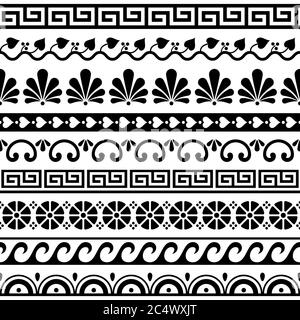 Modello chiave greco, onde e set di design vettoriale senza cuciture geometriche - antico in bianco e nero Illustrazione Vettoriale