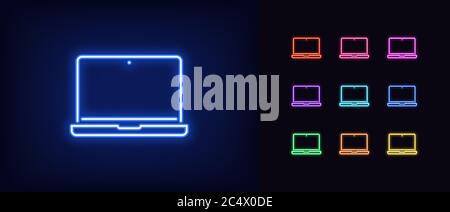 Icona del laptop al neon. Cartello luminoso al neon per notebook, set di computer portatili isolati in diversi colori vivaci. Icona luminosa, segno, simbolo per la progettazione dell'interfaccia utente. MO Illustrazione Vettoriale