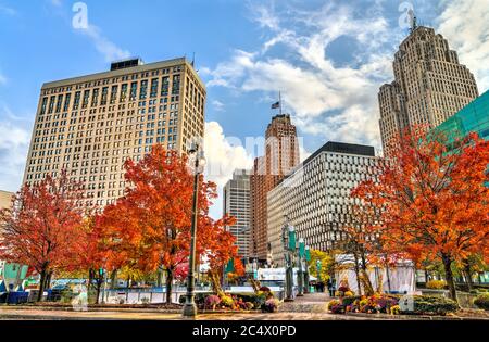 Edifici storici nel centro di Detroit, Michigan Foto Stock