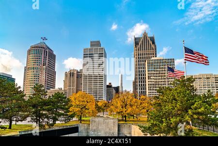 Centro di Detroit da Hart Plaza. STATI UNITI Foto Stock
