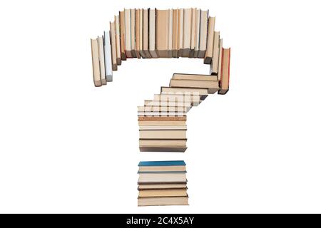 Punto interrogativo fatto di libri isolati su sfondo bianco. Libro mockup carattere lettera dall'alfabeto. Concetto di istruzione. Nessuno Foto Stock