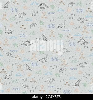 Disegni per bambini senza cuciture con dinosauri. Illustrazione vettoriale, disegno di animali selvatici, rettili, per la stampa su tessuto, abbigliamento, carta da imballaggio Illustrazione Vettoriale