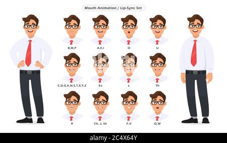 Raccolta di sincronizzazione delle labbra e pronuncia del suono per l'animazione parlante/parlante del personaggio maschile. Set di animazione bocca che pronuncia parole per la posizione Illustrazione Vettoriale