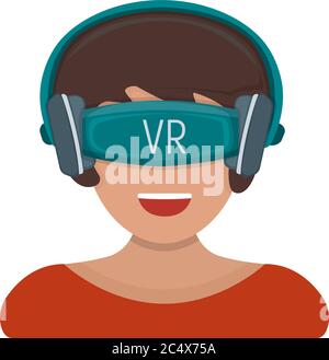 Dispositivo per realtà virtuale femminile con occhiali vr isolati su un'illustrazione vettoriale piatta e bianca. Concept entertainment tecnologia moderna, donna allegra Illustrazione Vettoriale