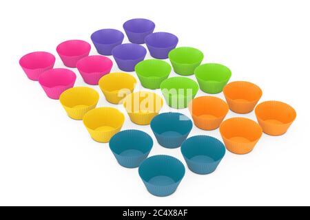 File di colorati Cupcake in silicone su sfondo bianco. Rendering 3d Foto Stock