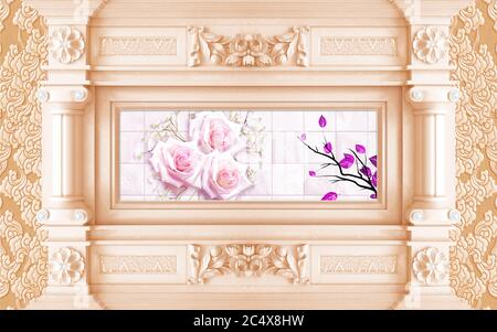 3d murale carta da parati Poltrona classica con copia space.walls con modanature, ornato cornicione colonne decorative e fiori sfondo Foto Stock