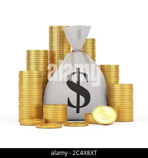 Borsa di denaro con monete in oro dollari su sfondo bianco. Rendering 3d Foto Stock