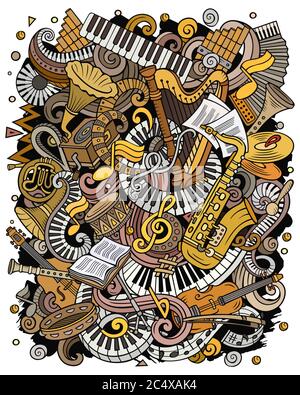Fumetti vettoriali doodles illustrazione classica di musica. Immagini musicali dai colori brillanti Illustrazione Vettoriale