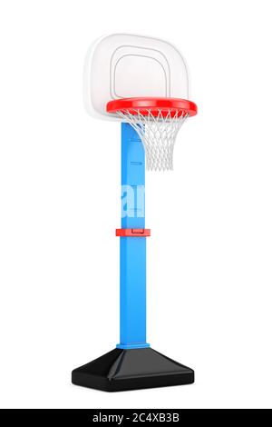 Anello di Pallacanestro giocattolo per bambini con rete su sfondo bianco. Rendering 3d Foto Stock