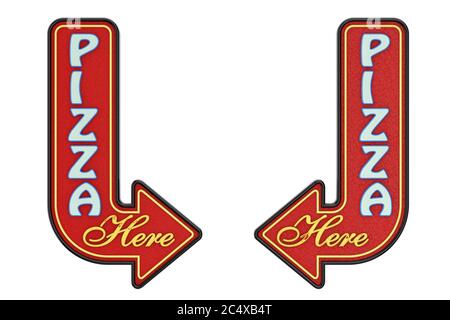Vintage Rusty Metal Pizza Here Arrow Sign su sfondo bianco. Rendering 3d Foto Stock