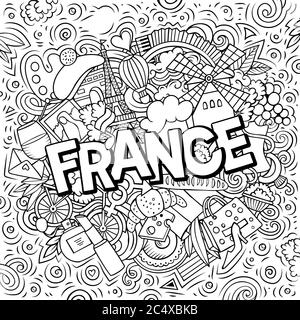 Francia disegnata a mano fumetto doodles illustrazione. Design divertente da viaggio. Illustrazione Vettoriale